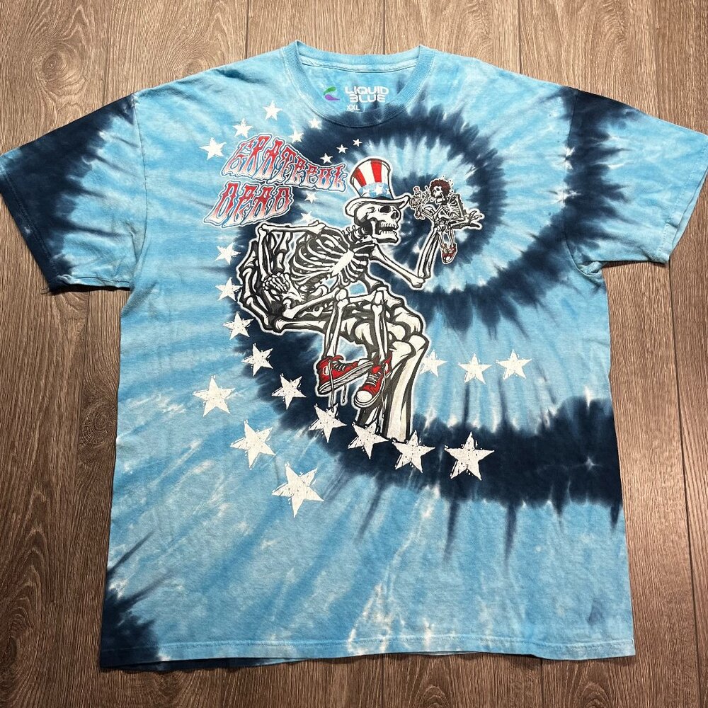 Grateful Dead Liquid Blue 2XL XXL Blue Dye Band‎ T Shirt Skeleton Art
